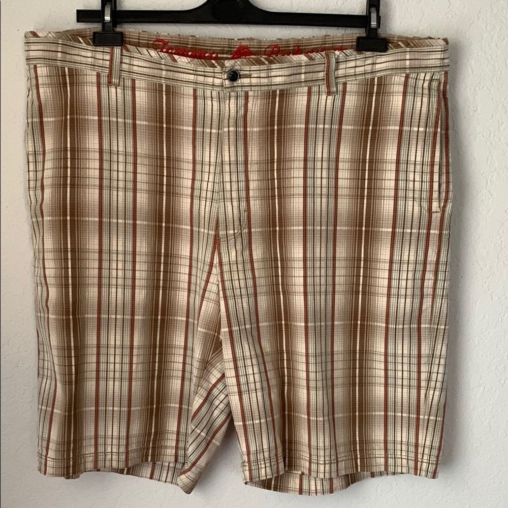 Tommy Bahama Silk/Cotton Brown Tan Plaid Logo Men’s Shorts Size 42